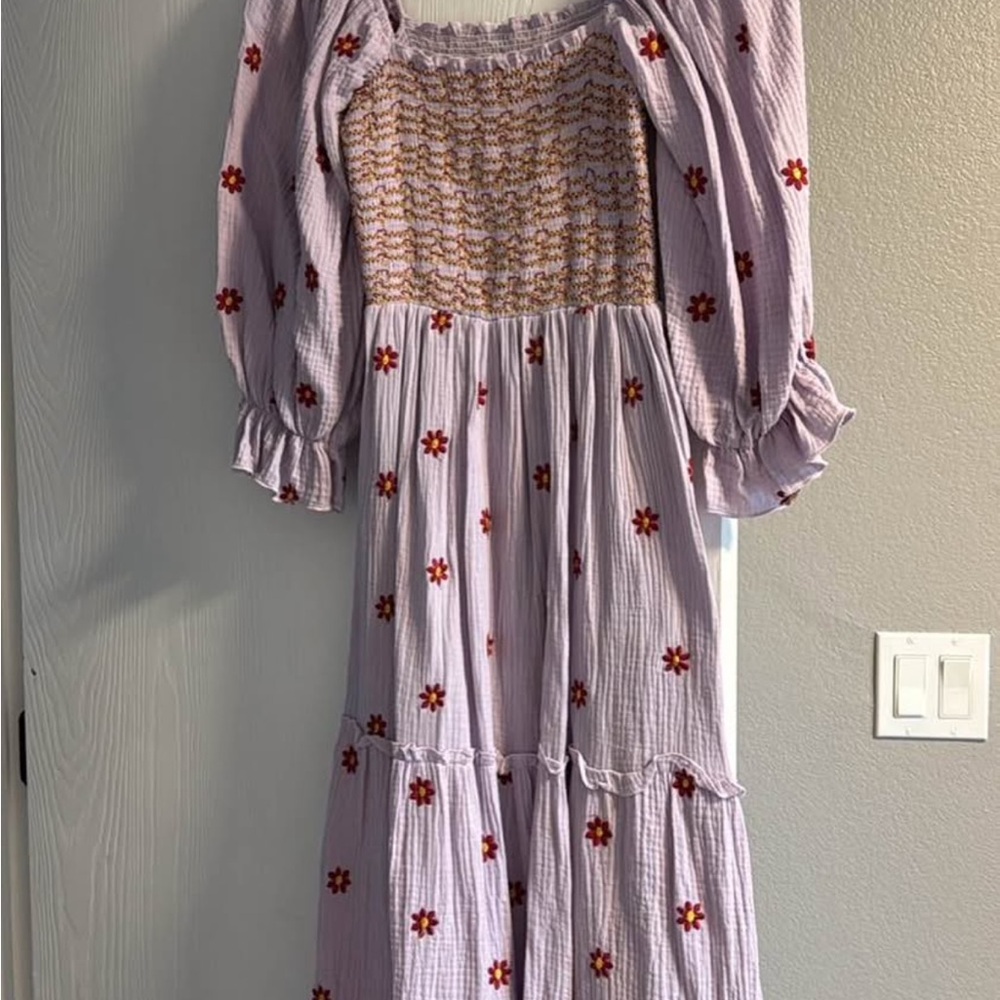 Lilac Maxi Dress with Red Floral Embroidery